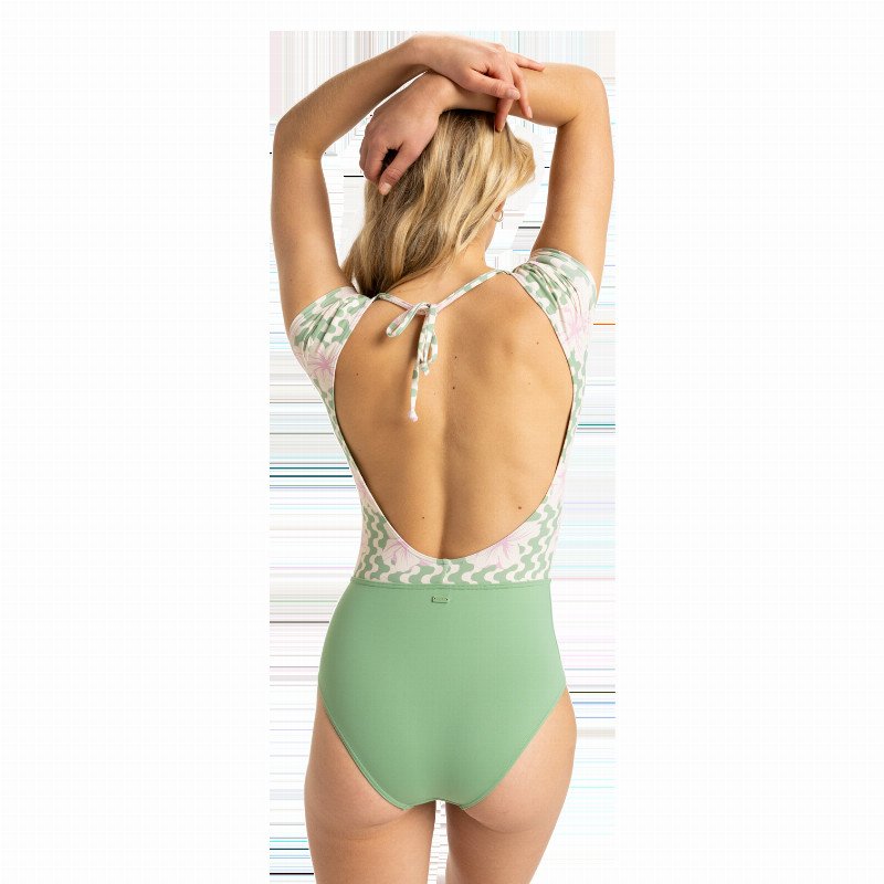 Hibiscus Daze Short Sleeve Onesie Swimsuit in Basil Party Waves