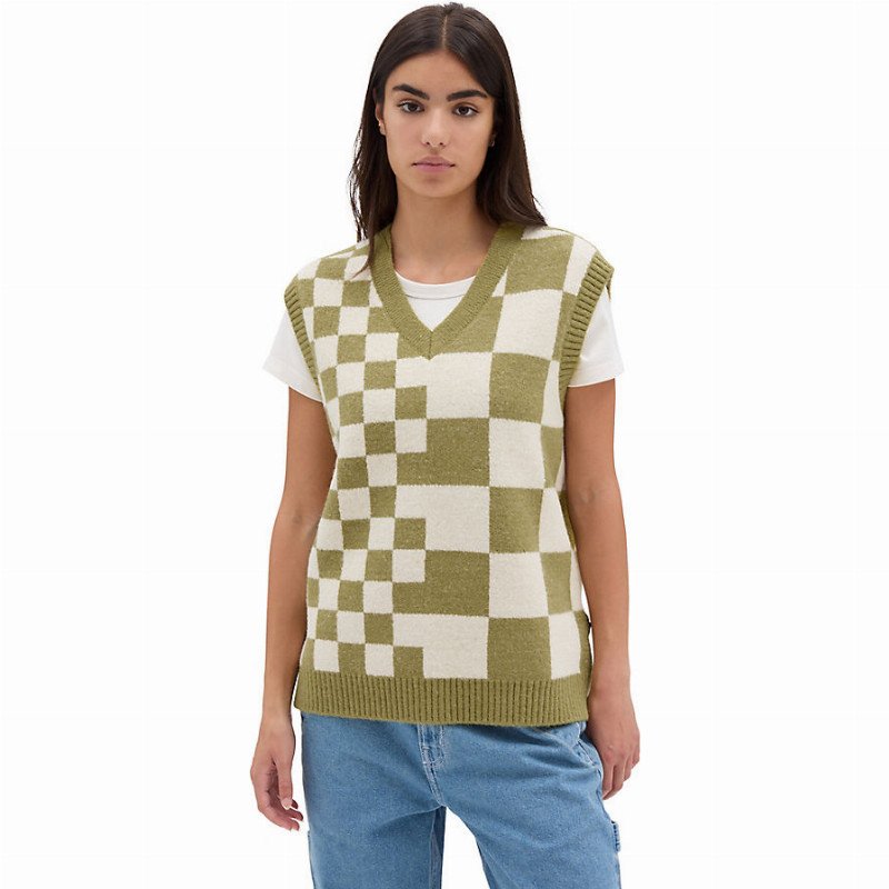 VANS Courtyard Checker Sweater Vest (green Olive) Women Green, Size XS/S