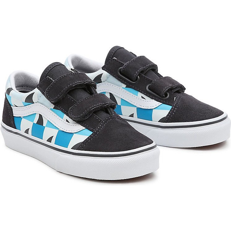 KIDS GLOW CHECKERBOARD SHARKS OLD SKOOL VELCRO SHOES (4-8 YEARS) ((GLOW SHARKS) ASPHALT/TRUE WHITE) BLUE