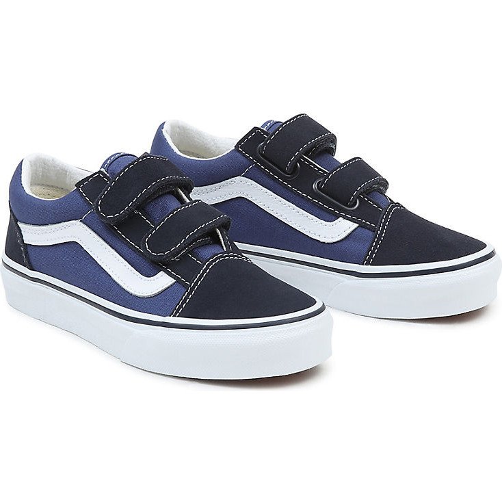 VANS Kids Old Skool Velcro Shoes (4-8 Years) (navy/true White) Kids Blue, Size 13